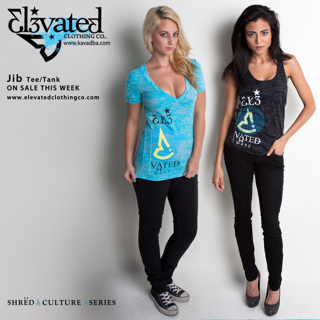 Elevated wakeboard clothing girls who ride shred jib summer t-shirt, blonde and asian girls